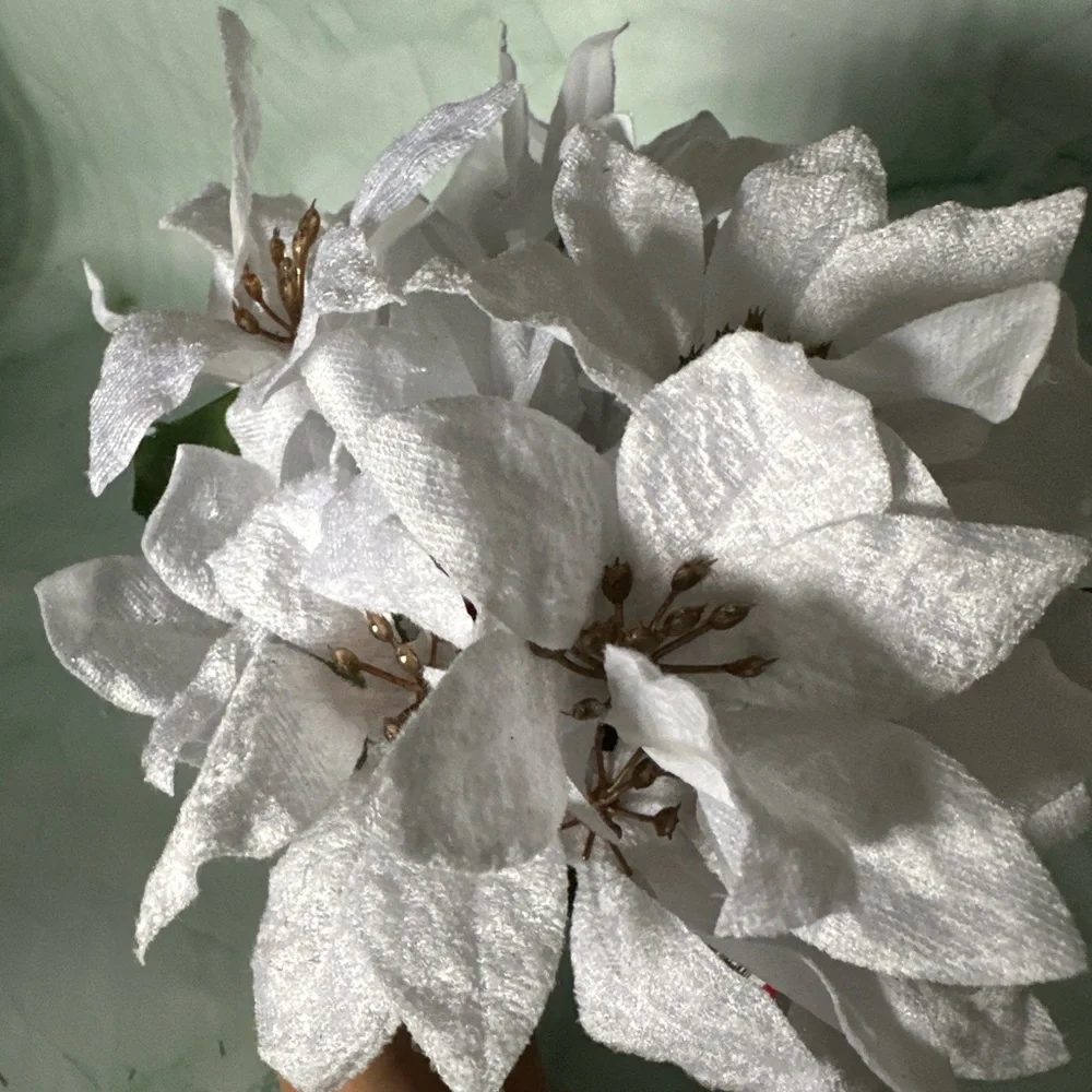 White Glitter Poinsettia Bouquet – Christmas Artificial Floral Arrangement NWT
